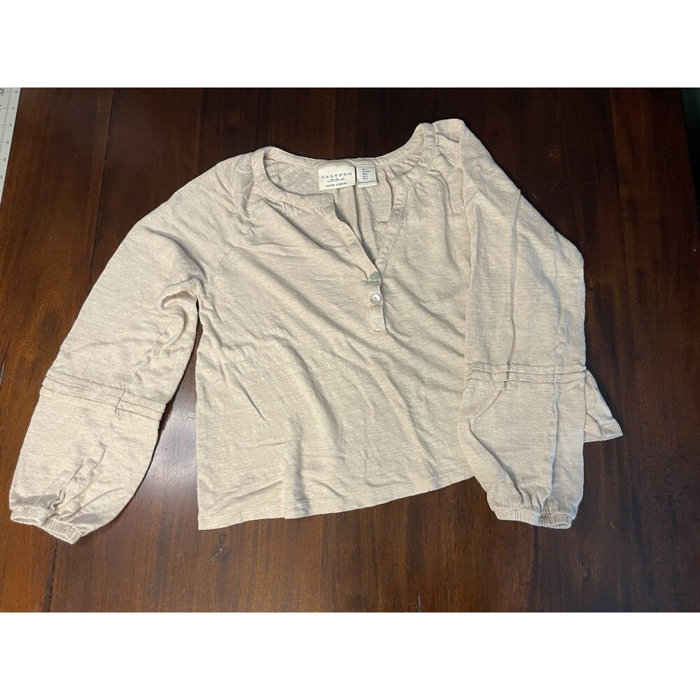 Calypso 100% Linen Knit Henley V-Neck Button Top Long Sleeve S